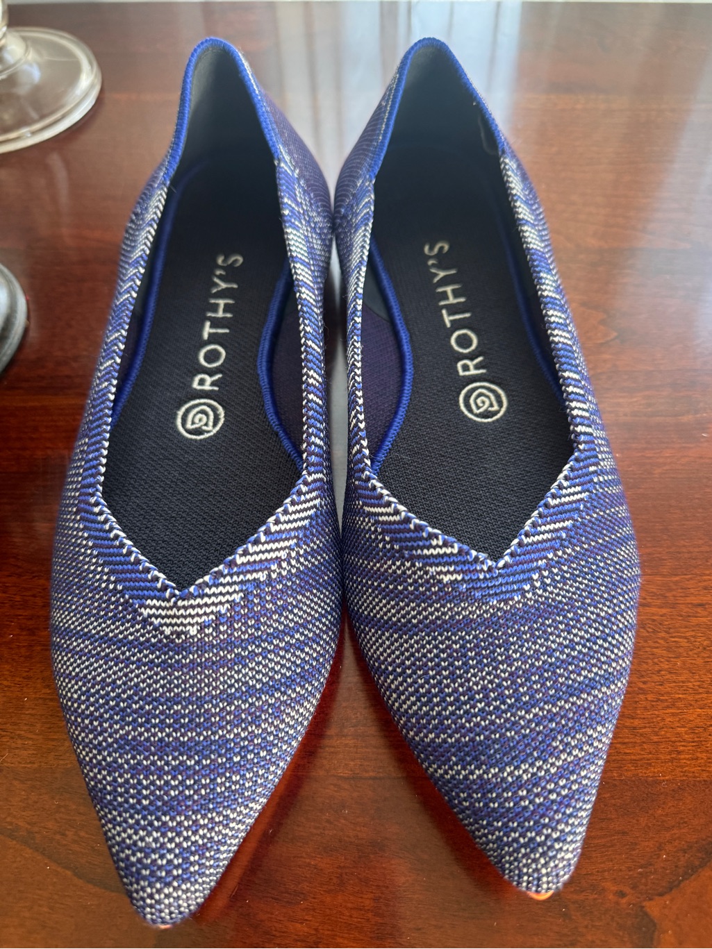 Rothy's The Point Ii Pointed Toe Flats Birds Eye Blue Orange Sole, Size 8.5